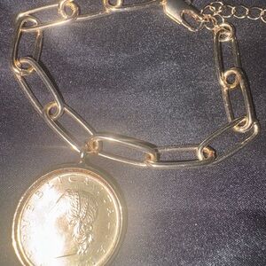 Gold Plated Link Bracelet With Coin Charm 7in With 3in Extender
